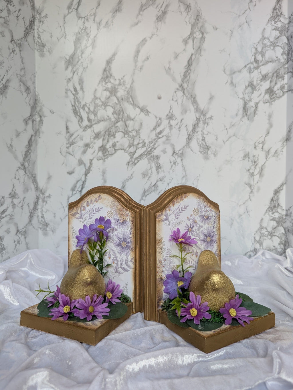 Gold Bird Bookend Set with Purple Daisy Accents