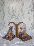 Gold Bird Bookend Set with Purple Daisy Accents