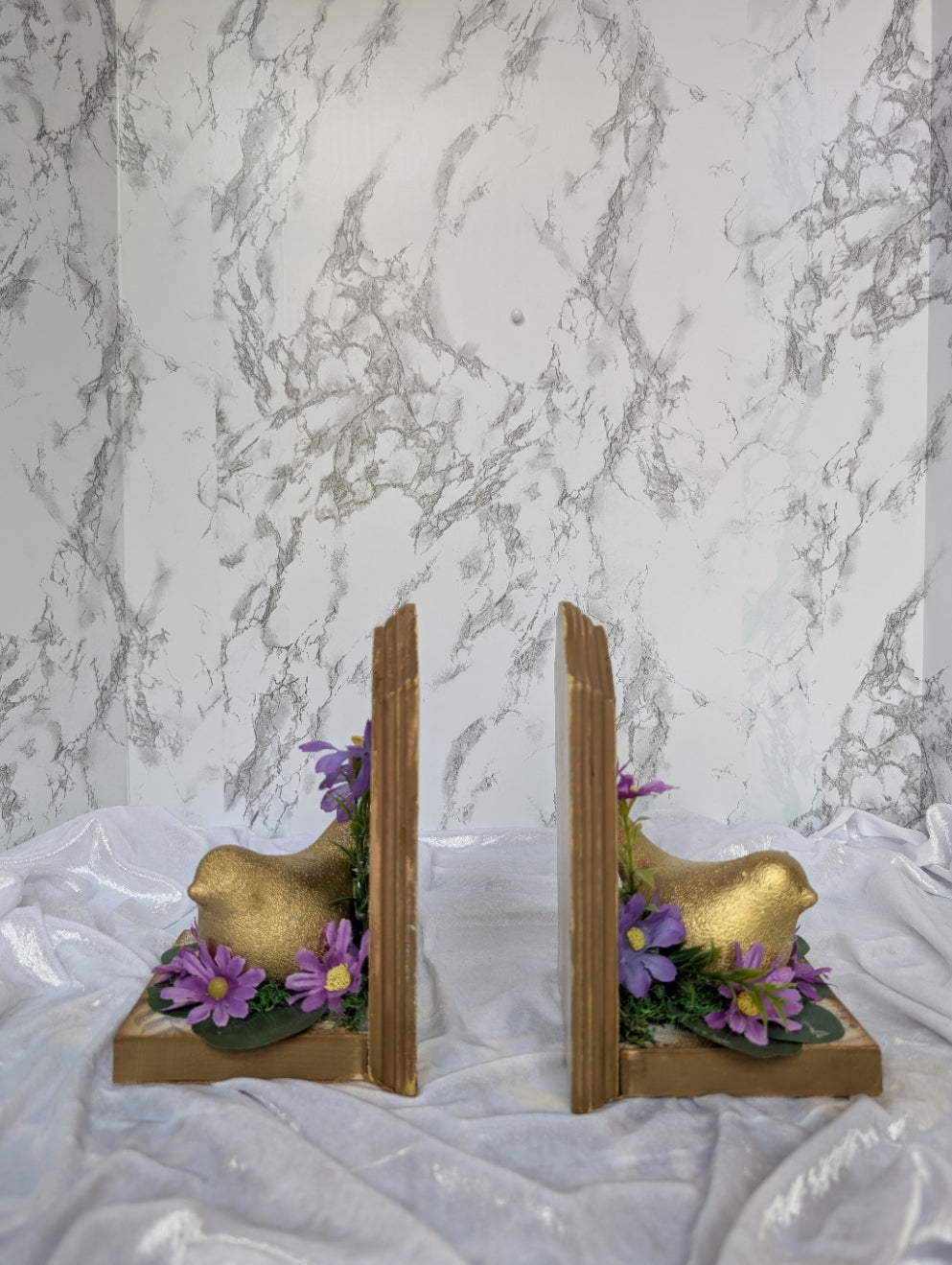 Gold Bird Bookend Set with Purple Daisy Accents