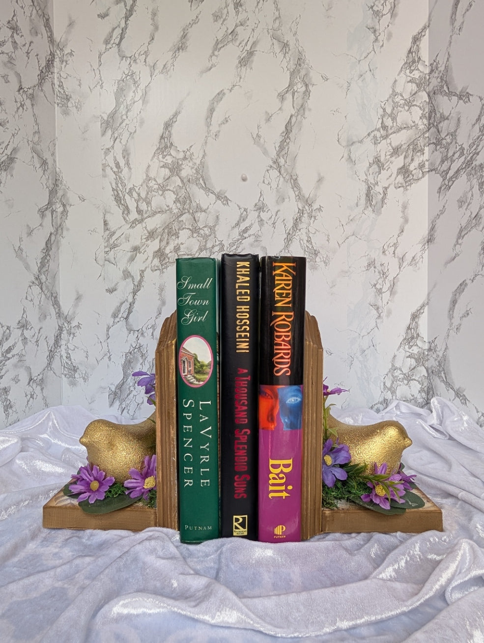 Gold Bird Bookend Set with Purple Daisy Accents