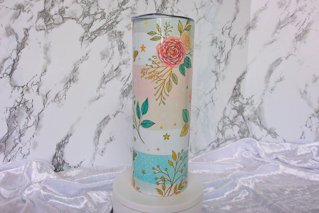 Pastel Rose & Gold Stars Floral Stripe Tumbler