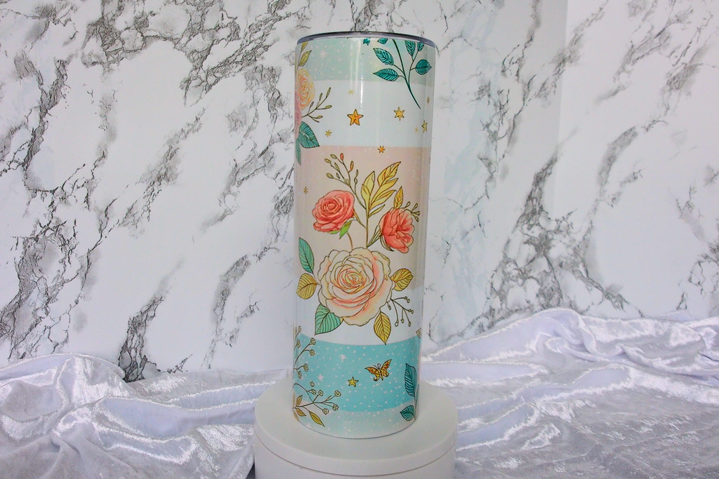 Pastel Rose & Gold Stars Floral Stripe Tumbler