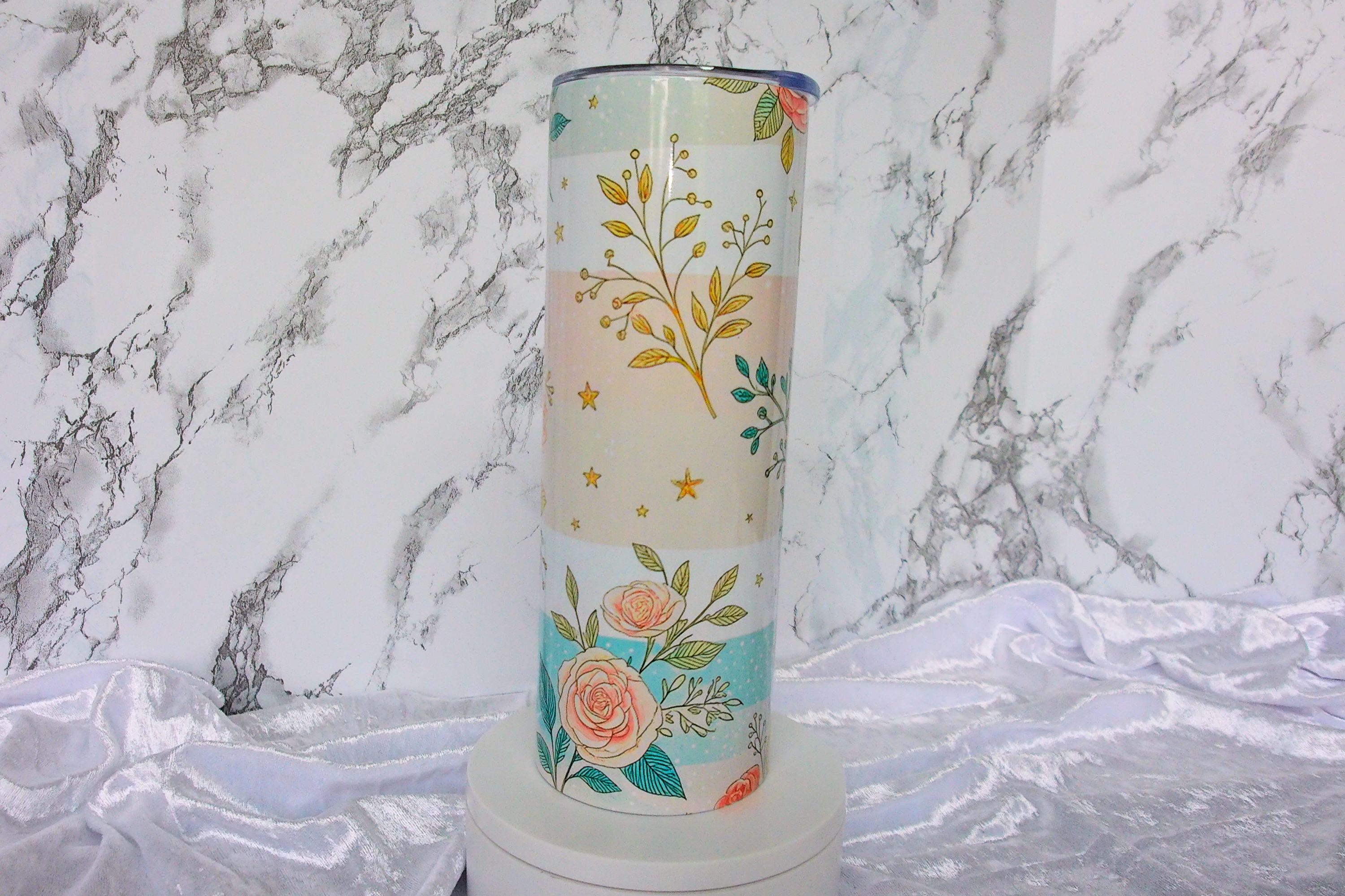 Pastel Rose & Gold Stars Floral Stripe Tumbler