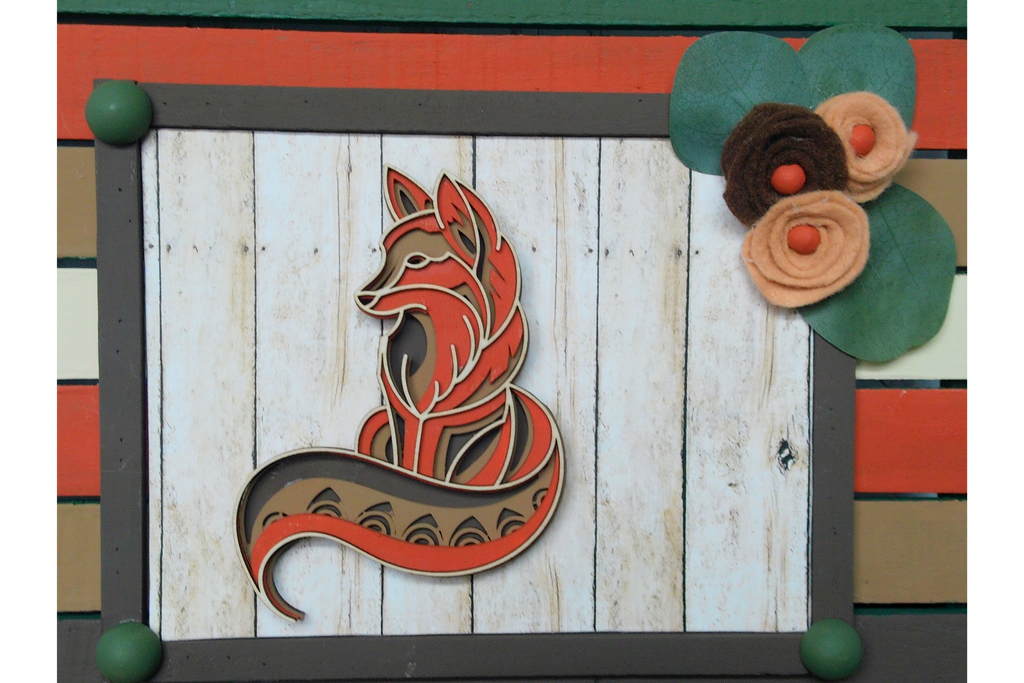 Layered Wood Fox Wall Hanging with Felt Flowers