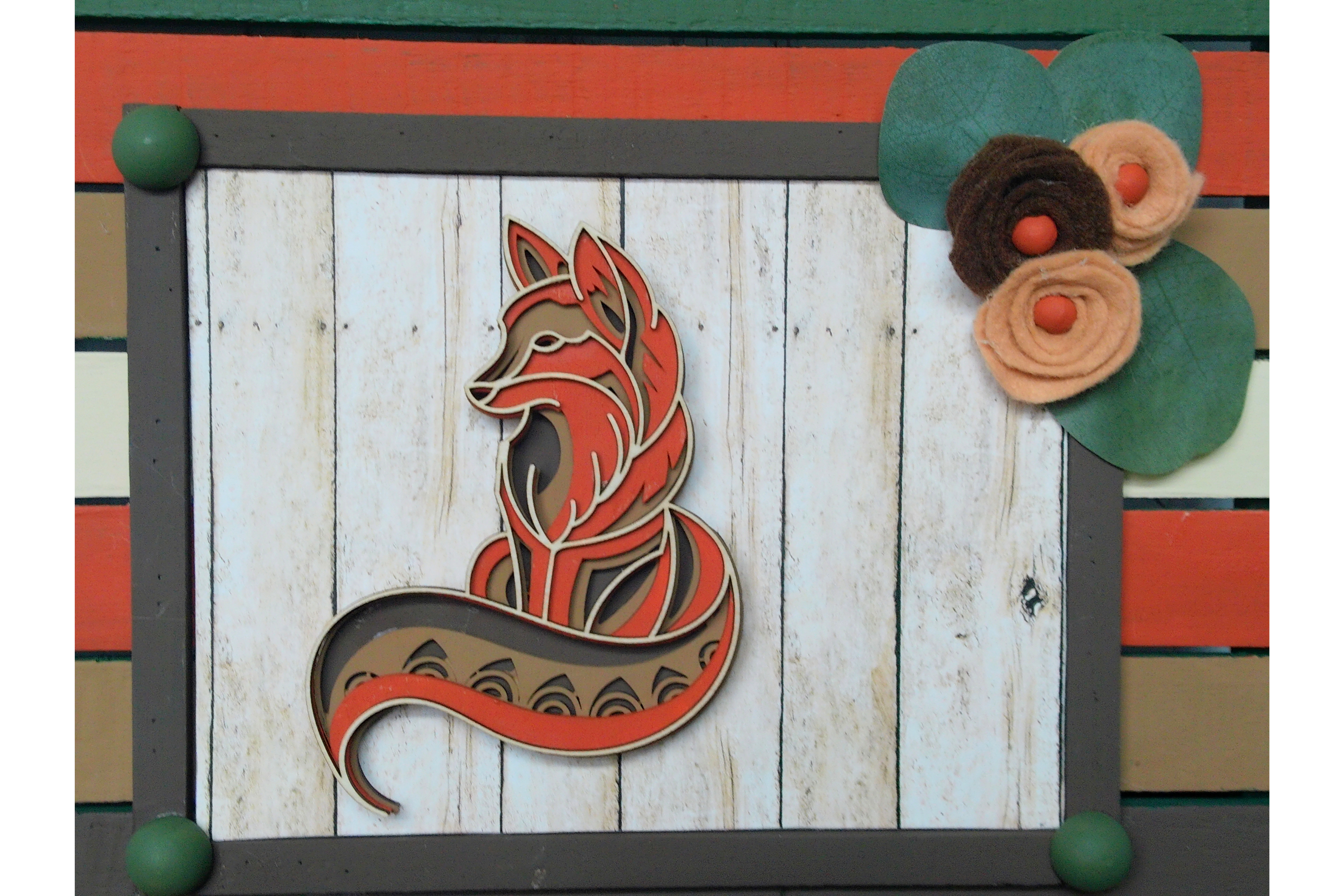 Layered Wood Fox Wall Hanging with Felt Flowers