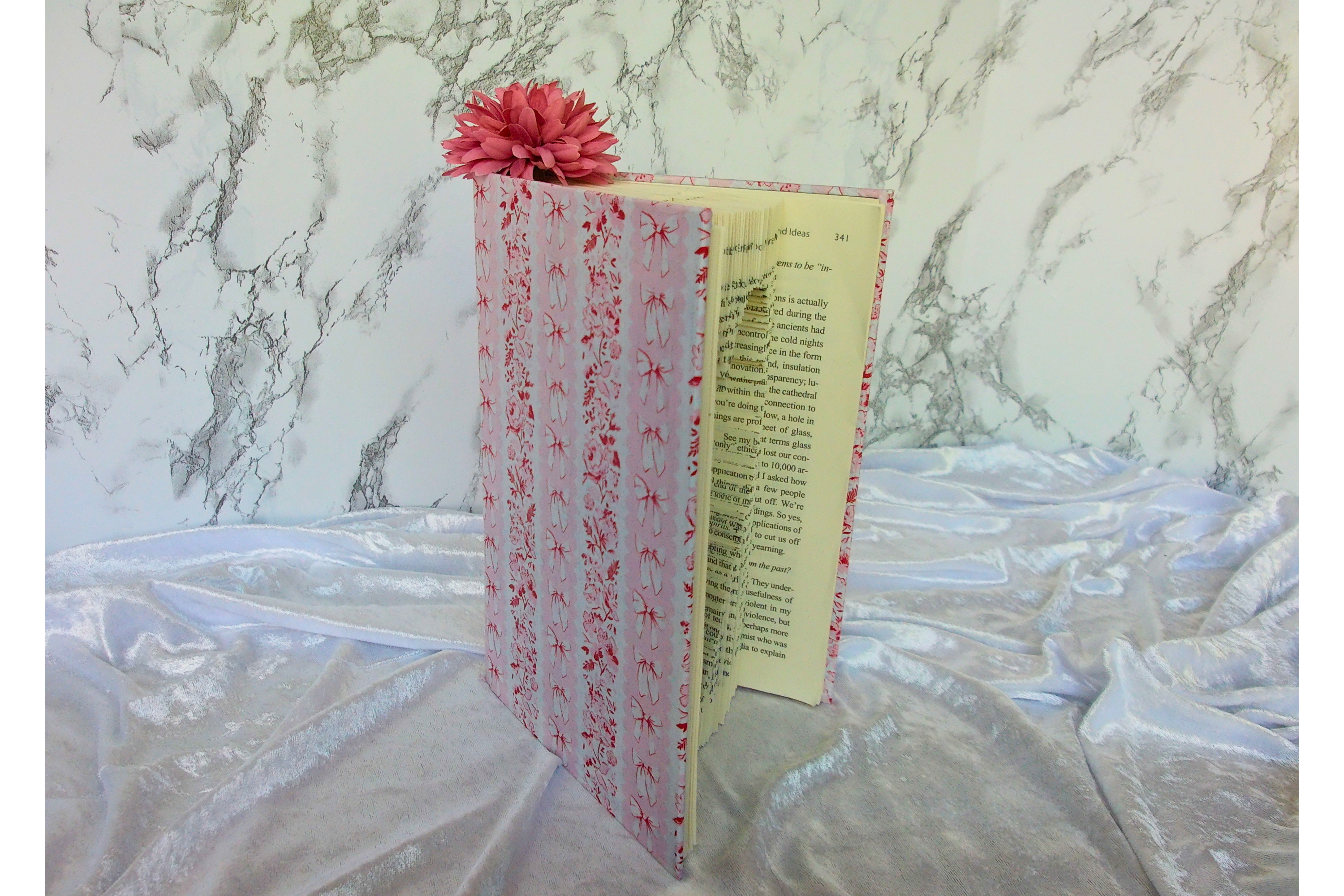 Inverted Heart Book Folding Art Sculpture with Pink Dahlia