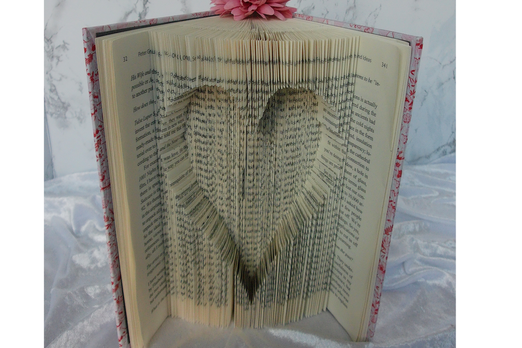 Inverted Heart Book Folding Art Sculpture with Pink Dahlia