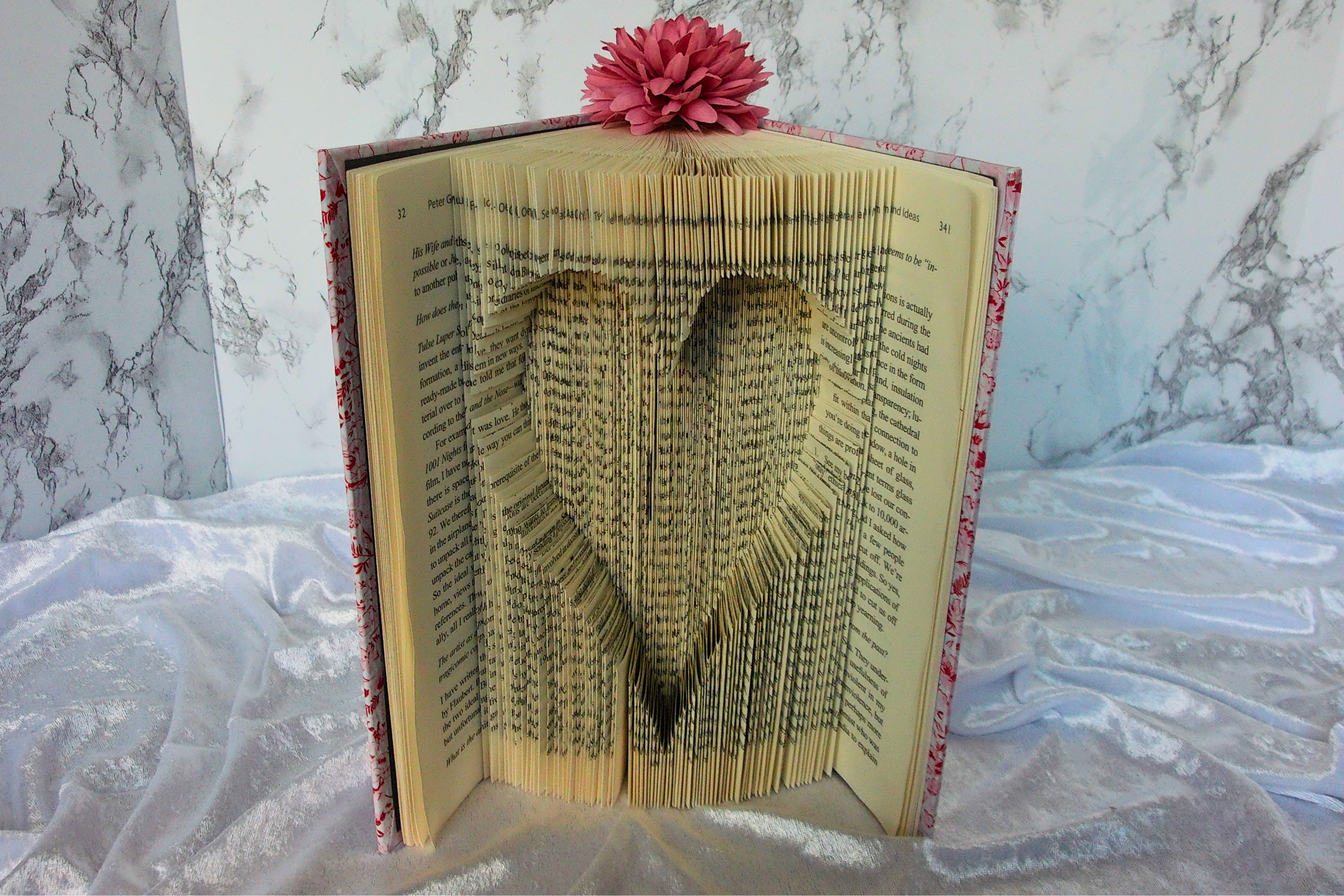 Inverted Heart Book Folding Art Sculpture with Pink Dahlia